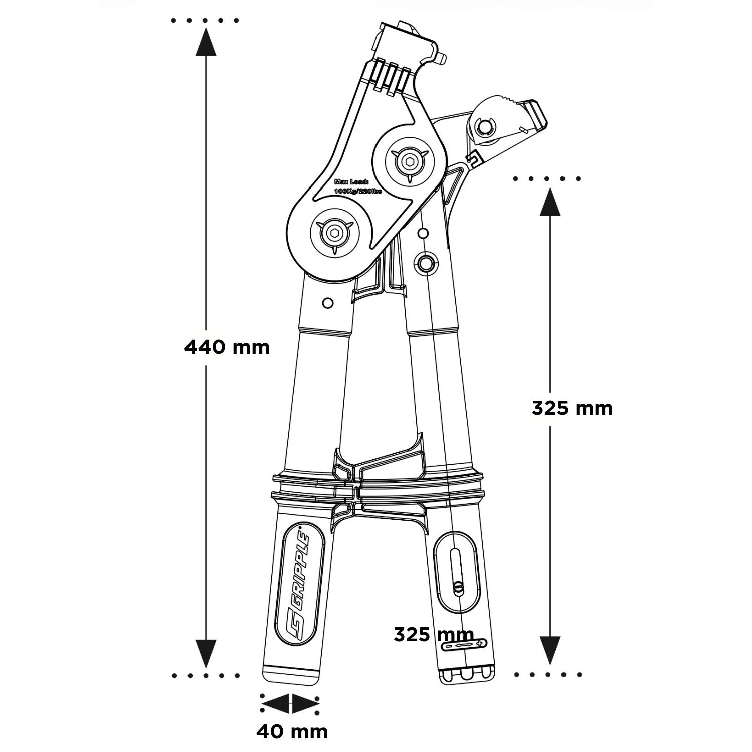 Technical blueprint drawing of the Gripple tensioning tool specifying physical dimensions: 440 mm total height and 325 mm handle length.