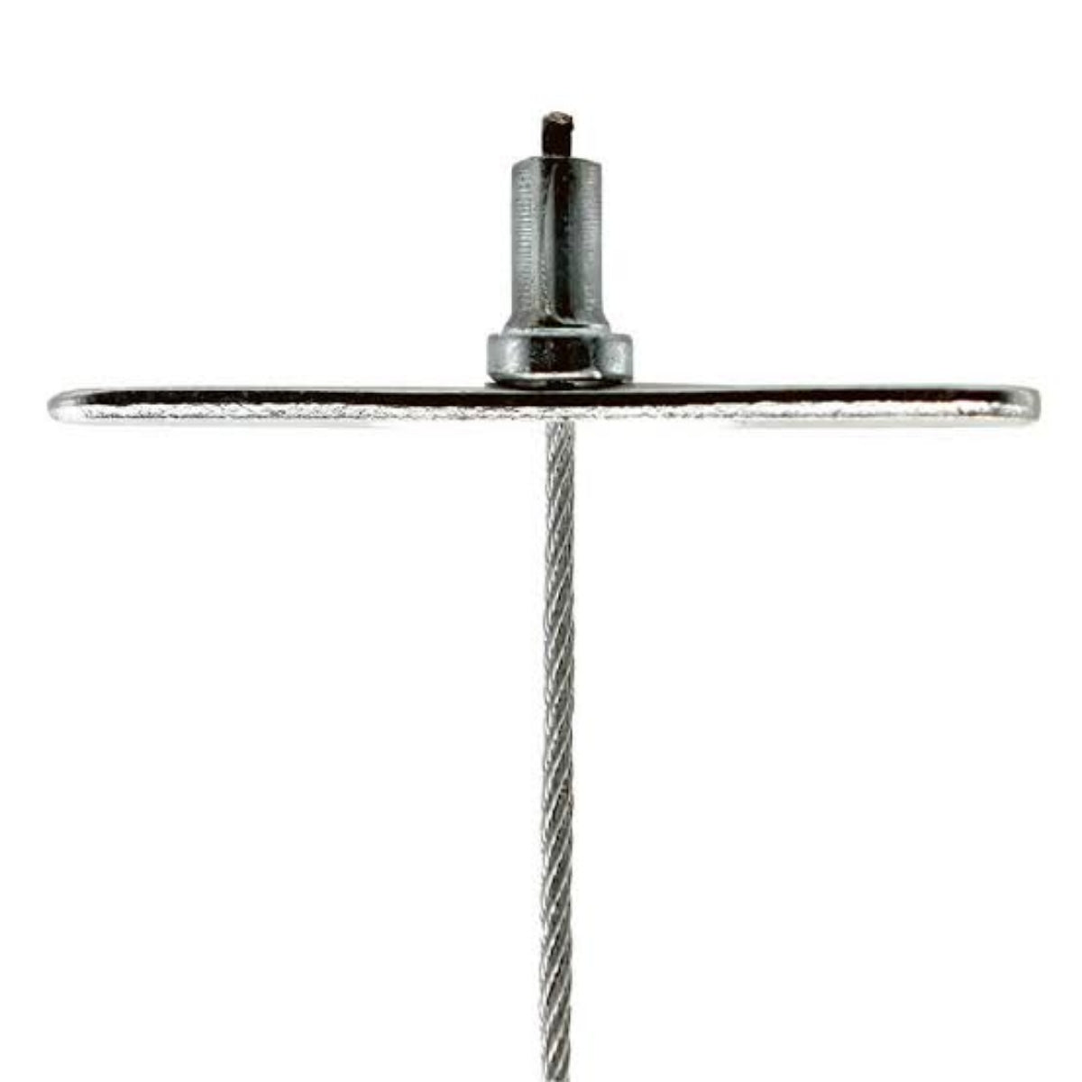 Toggle seated flat against a ceiling plate with the hanger wire below.