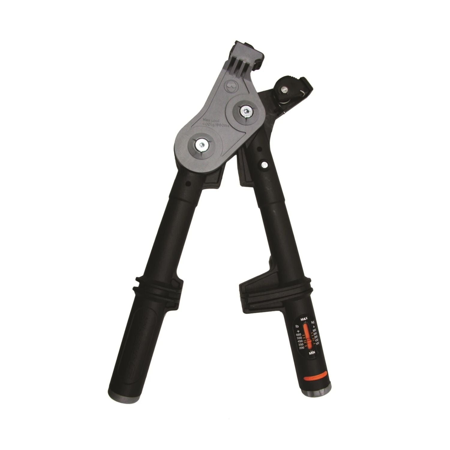 Front view of the Gripple Torq Tensioning Tool isolated on a white background, highlighting its steel head and dual-handle ergonomic design.