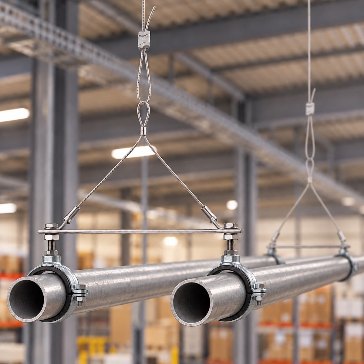 Two stainless steel pipes carried on Y-Pipe hangers in a warehouse.