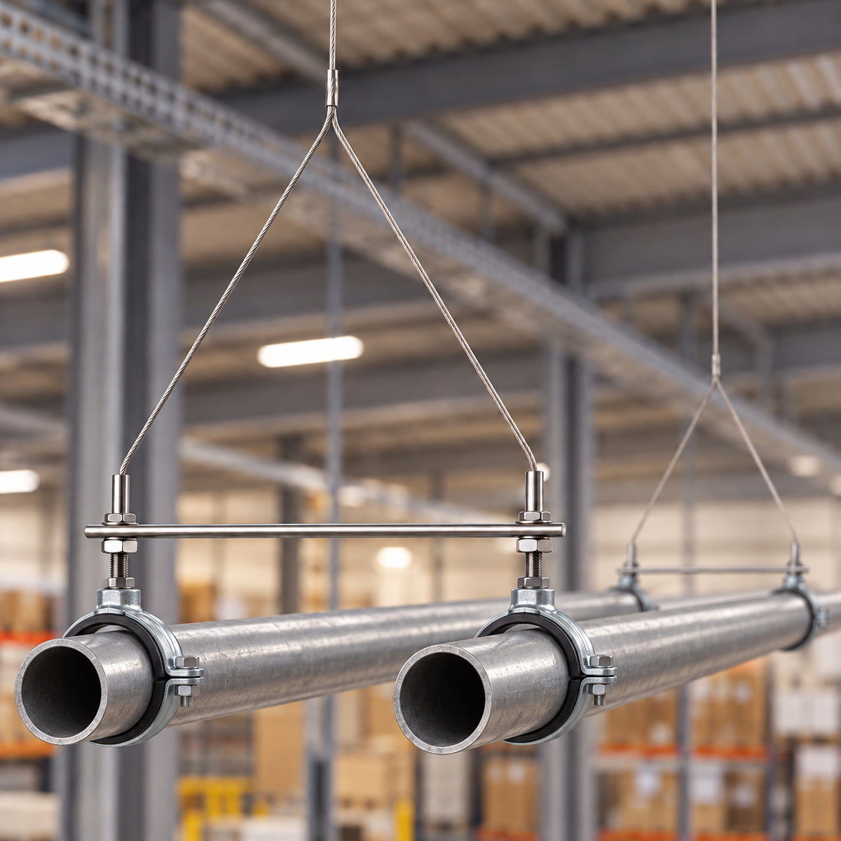 Two stainless steel pipes suspended on Y-Pipe hanger kits in a warehouse.
