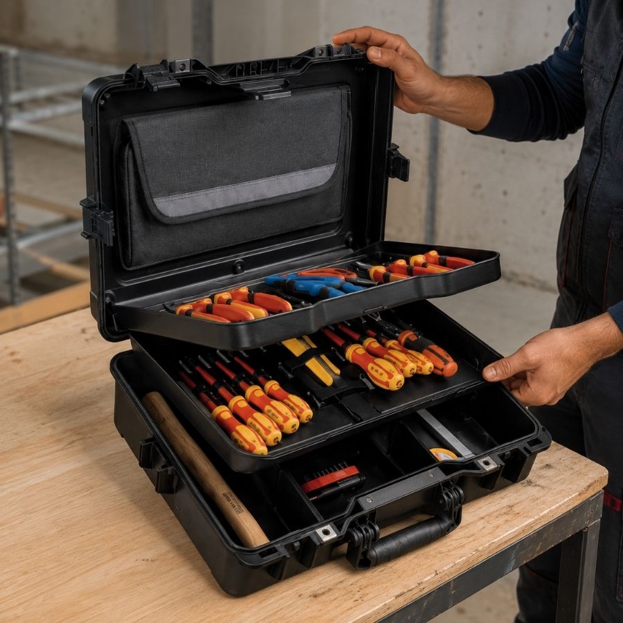 professional technician organizing hand tools inside a heavy duty rolling tool chest