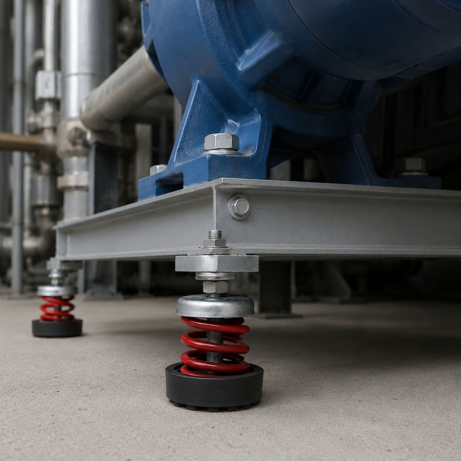 Acrefine free-standing red spring isolators installed under industrial mechanical equipment for vibration isolation and noise control.