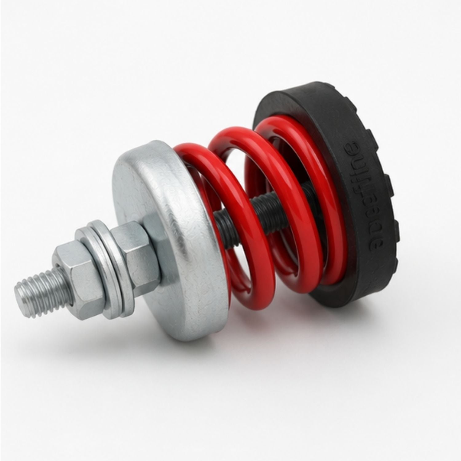 Side perspective view of Acrefine red spring isolator showing the threaded rod and non-slip rubber base.